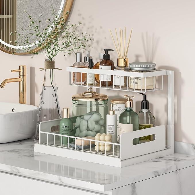 REALINN Under Sink Organizer, Pull Out Cabinet Organizer 2 Tier Slide Out Sink Shelf Cabinet Storage Shelves, Storage for Kitchen Bathroom, White, 2 Pack - NeatNest