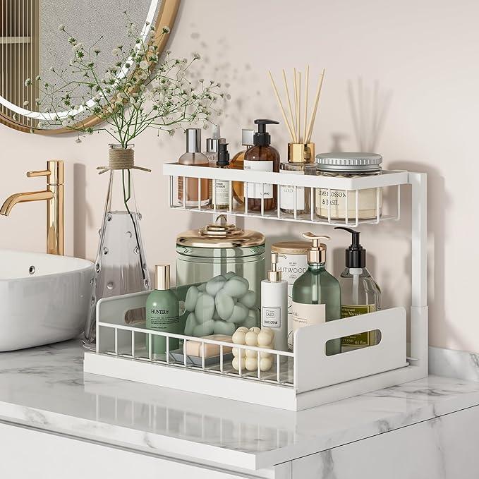 REALINN Under Sink Organizer, Pull Out Cabinet Organizer 2 Tier Slide Out Sink Shelf Cabinet Storage Shelves, Under Sink Storage for Kitchen Bathroom Cabinet, White, 1 Pack - NeatNest