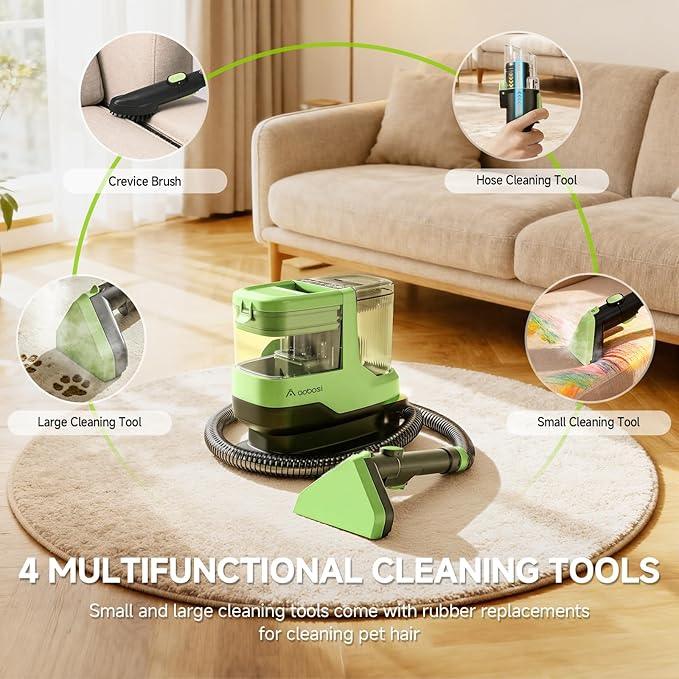 AAOBOSI Portable Carpet Cleaner Machine, 17Kpa Upholstery Steam Cleaner with Smart Voice Prompting, Self-cleaning, 4 Tools for Pets, Car, Couch and Stairs- C688, Green - NeatNest