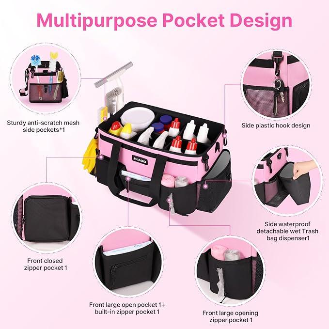 Large Wearable Cleaning Caddy Bags,Cleaning Supplies Storage Bag with Handles and Adjustable Shoulder Strap and Removable Waist Straps,Waterproof Cleaning Bags for Home,Car,Office (Pink) - NeatNest
