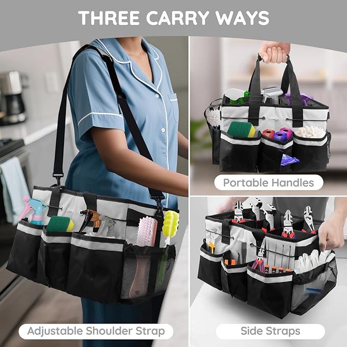 ZKOO Large Cleaning Caddy Bag with Handle, Built-in Sturdy Support Board, Adjustable Shoulder Strap, Multi-compartment Design Cleaning Supply Tote for Cleaners & Housekeepers (White) - NeatNest