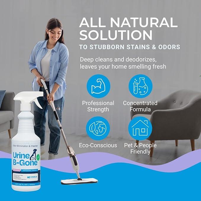 KINZUA ENVIRONMENTAL Urine B-Gone, Professional Enzyme Odor Eliminator & Pet Stain Remover, Human, Cat & Dog Urine Cleaner, Effective on Laundry, Carpets & More, Lavender Scent, 32oz - NeatNest