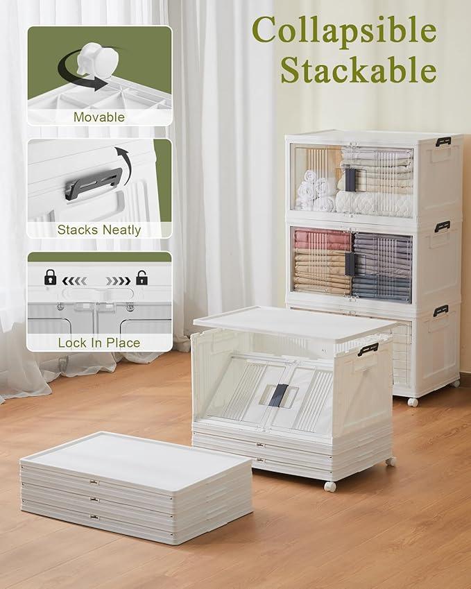 OlarHike 76QT Lockable Storage Bins with Lids - Folding Storage box with Doors and Wheels, Collapsible Plastic Bins for Closets, Stackable Organizer and Containers, Christmas Gifts, 3 Pack Cubes - NeatNest
