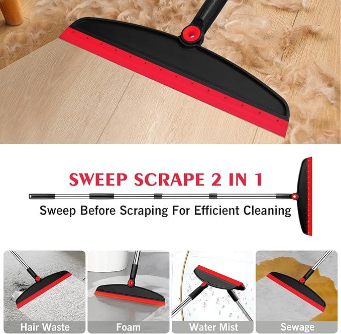 Multifunction Magic Broom, 54 Inch Adjustable Long Handle Silicone Floor Squeegee Broom, Sweep and Scrape 2 in 1 Household Cleaning Brooms for Floor, Bathrooms, Showers, Tile, Pet Hair, Black Red - NeatNest