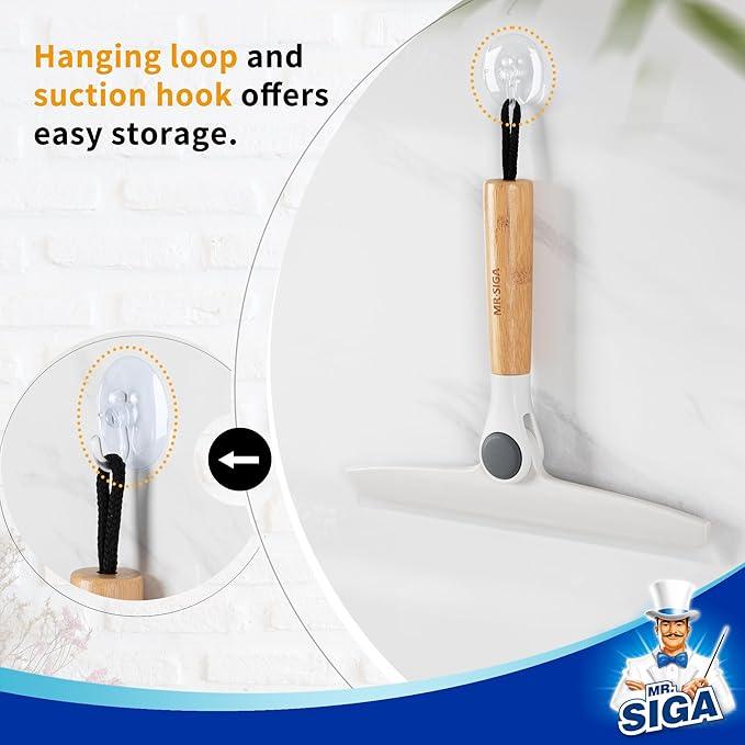 MR.SIGA All Purpose Silicone Squeegee for Shower Door, Mirror, Glass, Streak Free Shower Squeegee, Pivoting Bamboo Handle, Includes 1 Suction Hook, 10 inch Wide, 1 Pack - NeatNest
