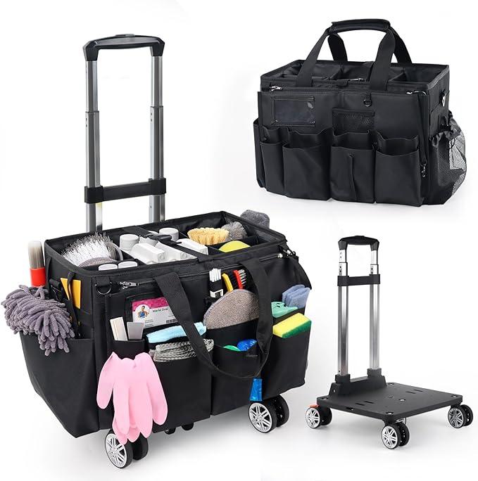 Rolling Cleaning Caddy Bag with Detachable Trolley, Multi-Functional Portable Cleaning Cart Supplies Organizer for Housekeeping and Domestic Cleaning, Cleaning Caddy with Wheels, Black - NeatNest