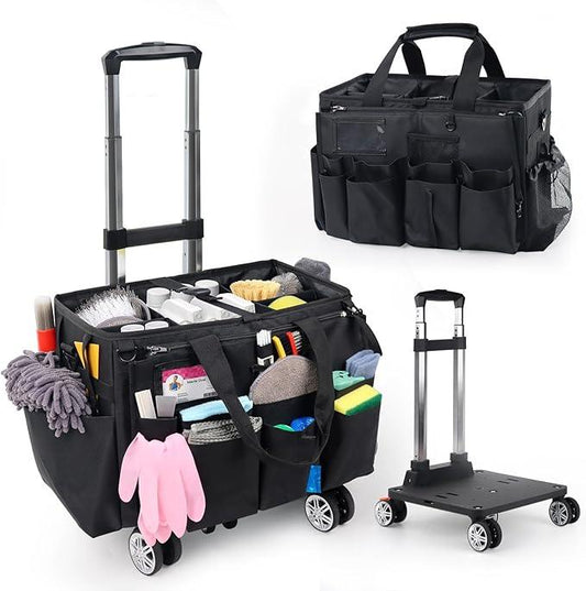 Rolling Cleaning Caddy Bag with Detachable Trolley, Multi-Functional Portable Cleaning Cart Supplies Organizer for Housekeeping and Domestic Cleaning, Cleaning Caddy with Wheels, Black - NeatNest