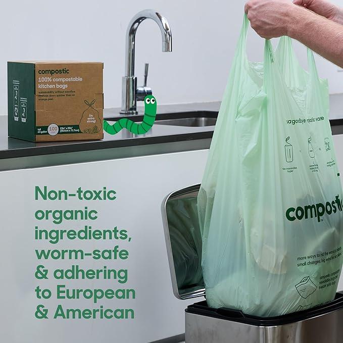 Compostic Home Compostable Trash Bags, 3 Gallon Small Kitchen Rubbish Bags (17” x 17.7”), Extra Strong & Quickly Breaks Down, 100 Count - NeatNest