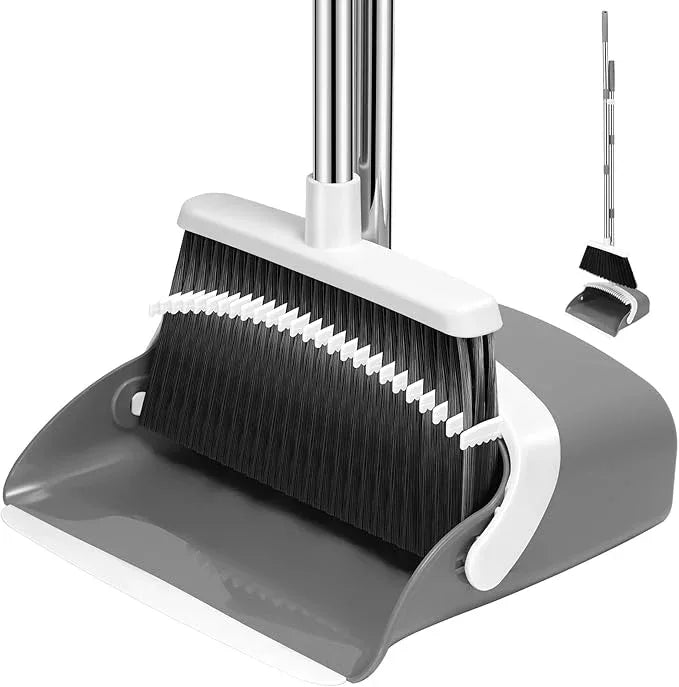 NACENA Broom and Dustpan Set, 52-in Long Adjustable Handle Broom Dustpan Combo with Dustpan Teeth to Automatically Clean Hair Suitable for Home Kitchen Office Hall Floor(Grey&White) - NeatNest