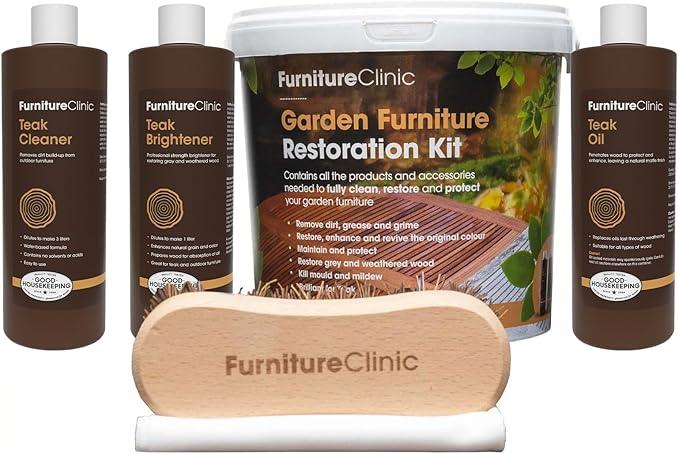 Furniture Clinic Garden Furniture Restoration Kit | For Outdoor Wood Patio Furniture Such as Teak & Other Wood Types | Clean, Remove, Brighten, Nourish, and Protect Treated and Untreated Surfaces - NeatNest