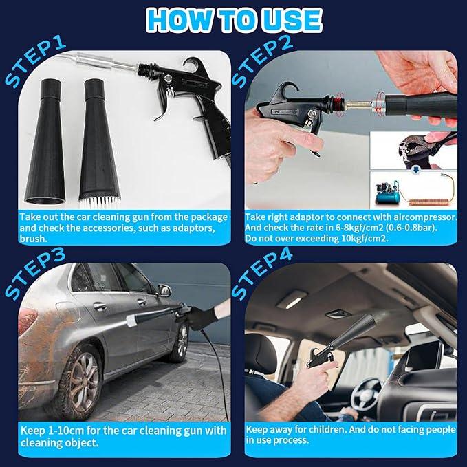 JUSTHERE Detailing Car Cleaning Gun Interior Dryer Air Blow Gun, High Pressure Blower Gun with 5 Pcs Brushes for Auto Carpet Seats Dashboard Console Cleaning - NeatNest