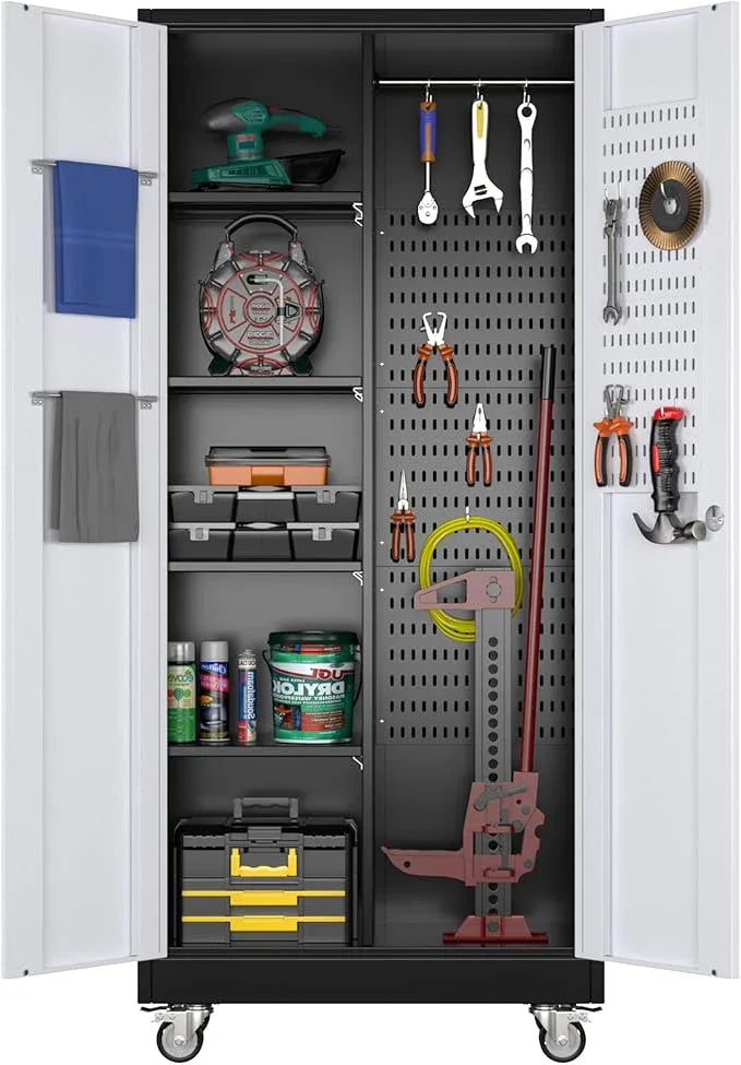 SUXXAN Broom Closet Storage Cabinet with Wheels 71.4"x 31.5"x15.7", Metal Cleaning Cabinets with Hooks and Hanging Rods, Lockable Cabinet with Pegboard, Adjustable Shelf(Black/White) - NeatNest