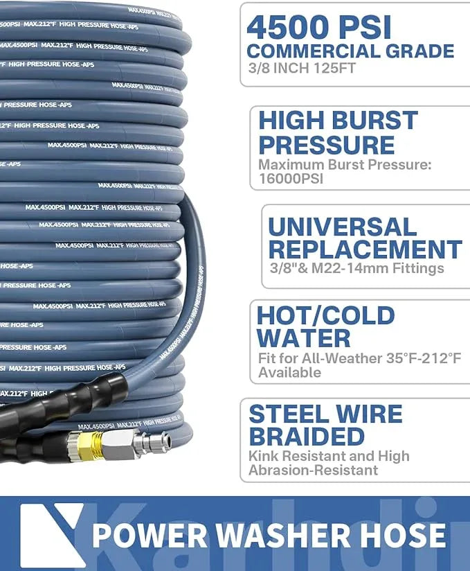 Pressure Washer Hose 125FT 3/8" for Cold and Hot Water 212°F, with Swivel Quick Connect, 4500PSI Kink Resistant Grade Steel Wire Braided, Power Washer Hose With 2pcs M22-14mm Adapter - NeatNest