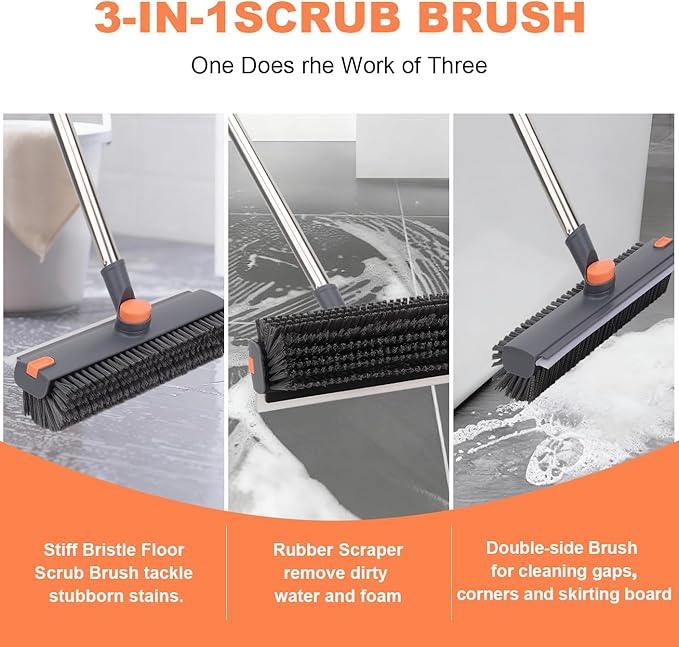 Floor Scrub Brush with 64" Long Handle - 360° Swivel Heads Household Push Brush with Squeegee and Right Angled Bristle for Cleaning Concrete Floors Grout Gardens Patio Deck Concrete Garage Heavy Duty - NeatNest
