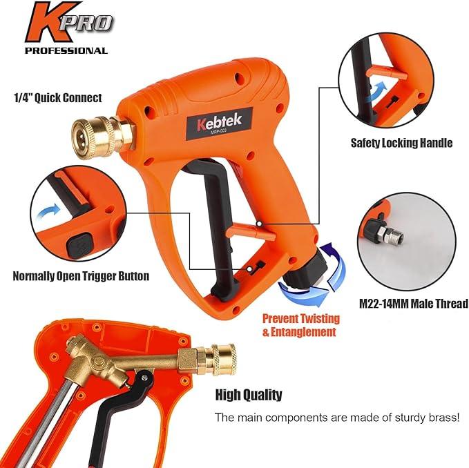 Kebtek Short Pressure Washer Gun with Foam Cannon 5200 PSI, 1/4” Quick Connect Snow Foam Lance for Car Washing Heavy Duty Brass with 5PCS Nozzle Tips and M22-15mm Connector - NeatNest