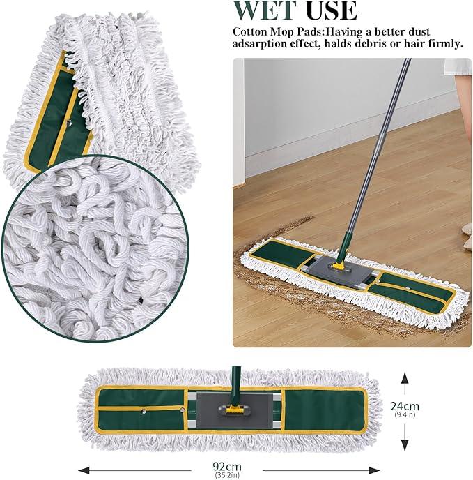 36" Commercial Mop, Masthome Heavy Duty Industrial Mop for Floor Cleaning,Commercial Dust Mop with 3 Reusable Pads,60”Long Handle Wet Dry Flat Mops for Hardwood Floors, Marble, Laminate, Tile(Green) - NeatNest