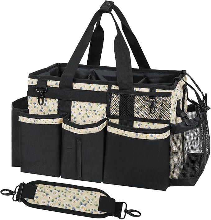 Wearable Cleaning Caddy, Cleaning Caddy Supplies Organizer with Handle & Shoulder Straps for Housekeepers, Under Sink & Car Cleaning Tool Organizers Bag with 4 Foldable Divider (YellowFlower) - NeatNest