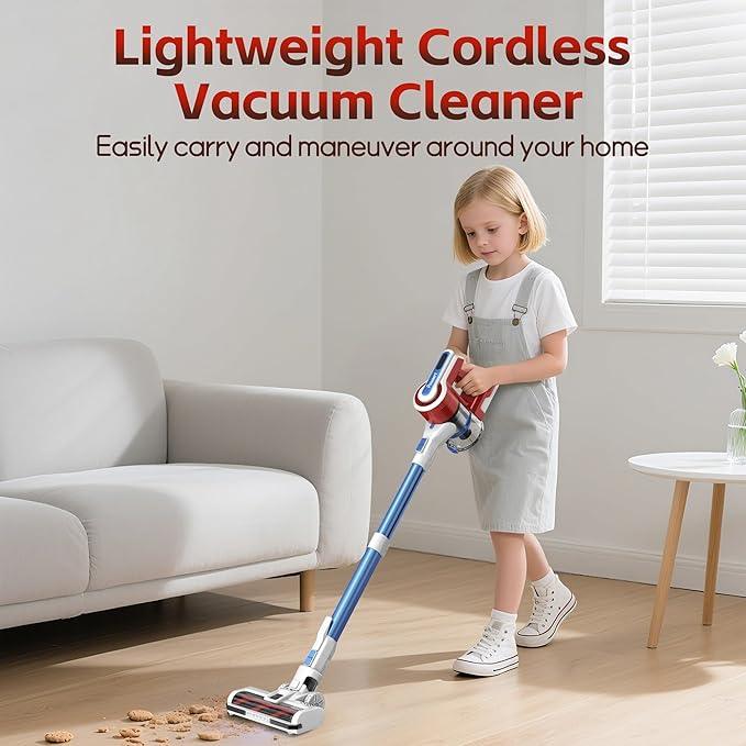 Cordless Vacuum Cleaner for Home, 45Kpa Lightweight Stick Vacuum with Powerful Suction, Rechargeable Battery Up to 50mins, Handheld Vacuum Cleaners for Hardwood Floors, Carpets, Pet Hair - Red - NeatNest