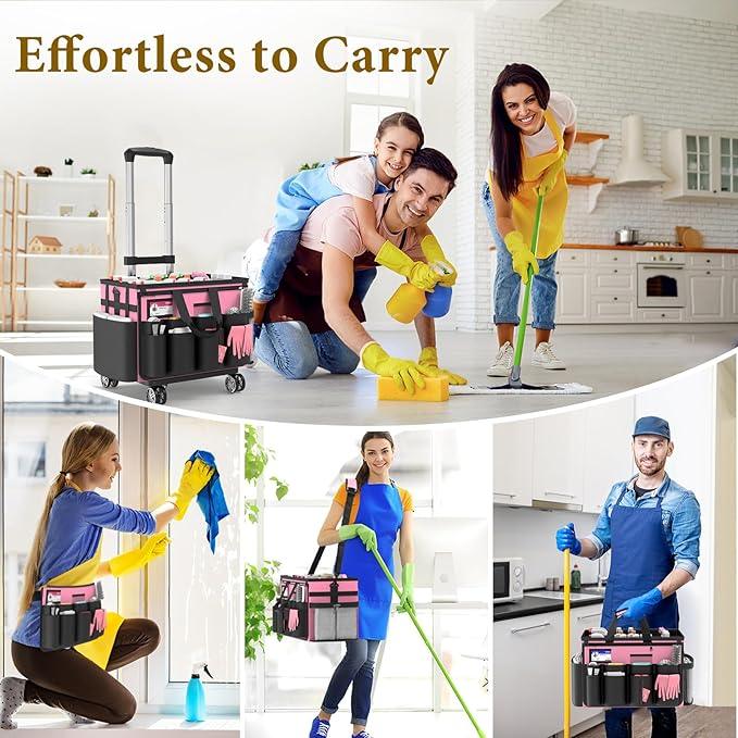 Cleaning Caddy with Wheels - Rolling Cleaning Caddy Bag with Detachable Trolley, Cleaning Caddy for Cleaning Supplies, Cleaning Bag for Housekeeping, Pink - NeatNest