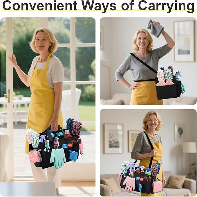 Wearable Large Cleaning Caddy Bag for Housekeeper, Clean Supply Organizer with Adjustable Shoulder, Waist & Handle Straps, Detailing Bag for Kitchen Supplies (Black) - NeatNest