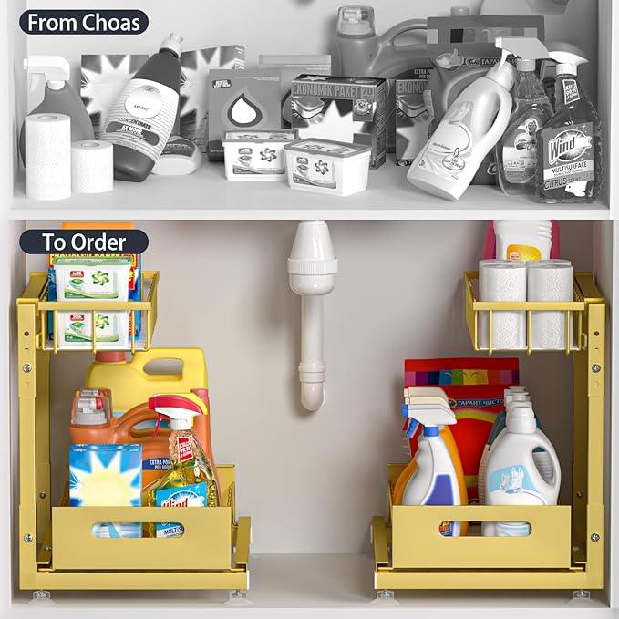 2 Pack Pro Under Sink Organizer Storage: Premium Metal 2-Tier Pull-Out Wire Basket Organizer, L Shape Height Adjustable, Easy Installation | Kitchen & Bathroom Cabinet Organizers - NeatNest
