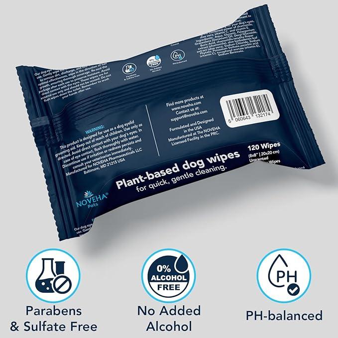 NOVEHA 120PCs Dog Wipes - Odor Eliminating and Cleaning Grooming Wipes for Dog's Paws, Body, and Butt - Perfect for Puppy and Adult Dogs - Plant-Based, Safe, Convenient & Large Unscented Wipes - NeatNest