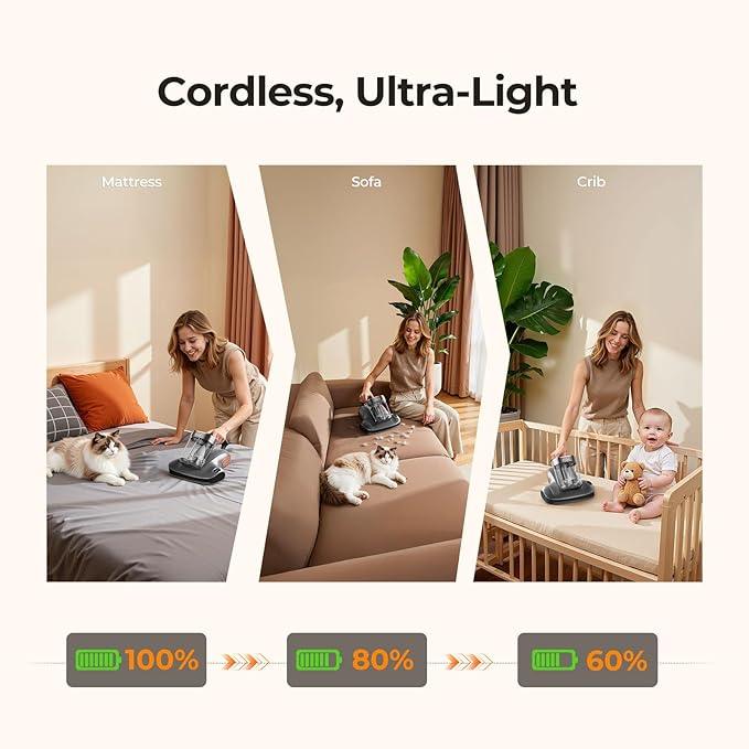 JIGOO Cordless Mattress Vacuum Cleaner with UV-C Light, Bed Vacuum Cleaner with Dust Sensor, Ultrasonic and High Heating, Deep Cleaning Bed Vacuum for Sofa Bed Fabric Surface (S100 Cordless) - NeatNest