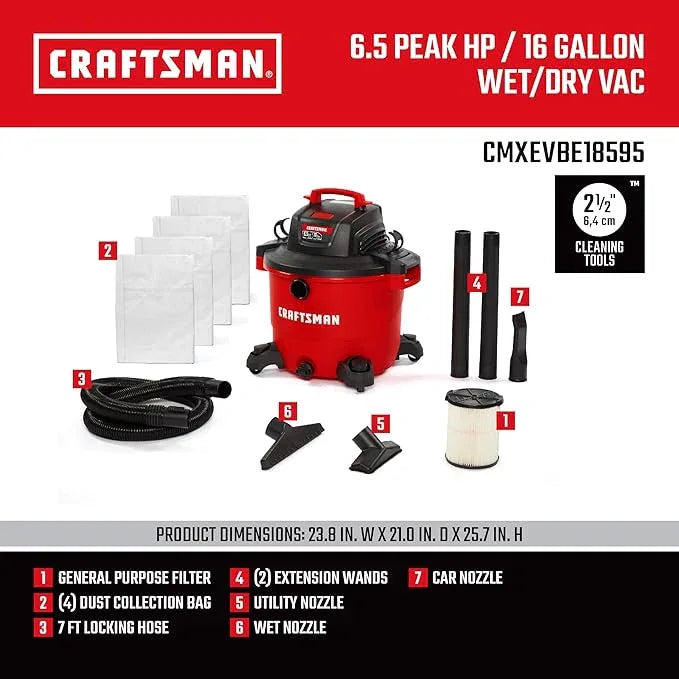 CRAFTSMAN CMXEVBE18595 16 Gallon 6.5 Peak HP Wet Dry Vac, Heavy-Duty Shop Vacuum Wet and Dry with Filter, 4 Dust Bags, Hose and Attachments for Home Projects & Renovations - NeatNest