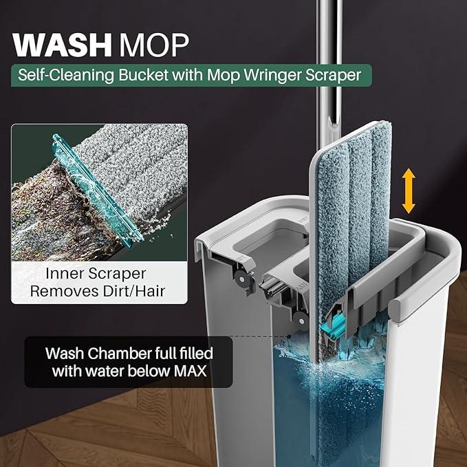 JOYMOOP Mop and Bucket with Wringer Set and Floor Cleaner Pods, Flat Floor Mop with 3 Reusable Microfiber Pads, Wet and Dry Use, Freesia Scent Pack of 15 Pacs for Floor Cleaning - NeatNest