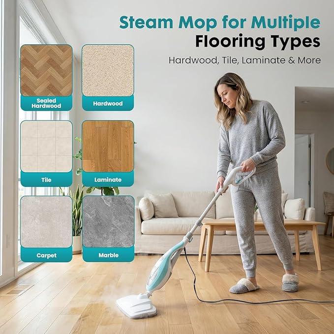 Steam Cleaner for Home, Handheld Floor Steamer Cleaner, Lightweight All in 1 Steam Mop Detachable Steamer for Hardwood Floor Tile Couch, 2 Washable Pads, 1550W 212°F Deep Cleaning, White and Green - NeatNest