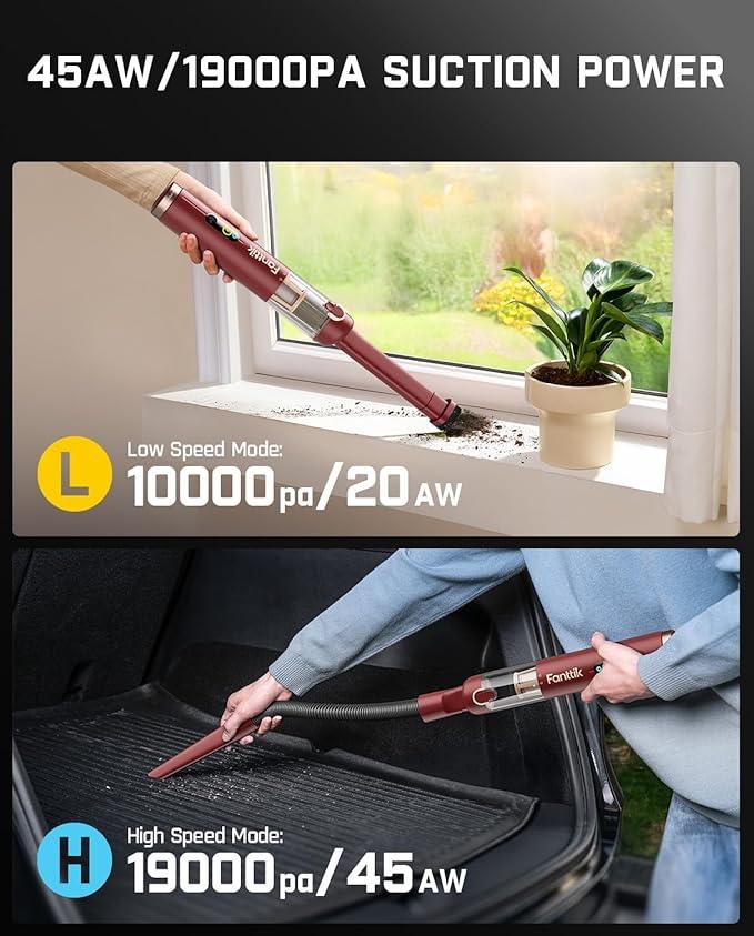 Fanttik Slim V10 APEX Cordless Car Vacuum, 4-in-1 Portable Mini Handheld Vac, 19kPa Suction Power, Upgraded Smart Digital Display, 2 Suction Modes for Small Jobs, Car, Office Desk, Keyboards (Red) - NeatNest