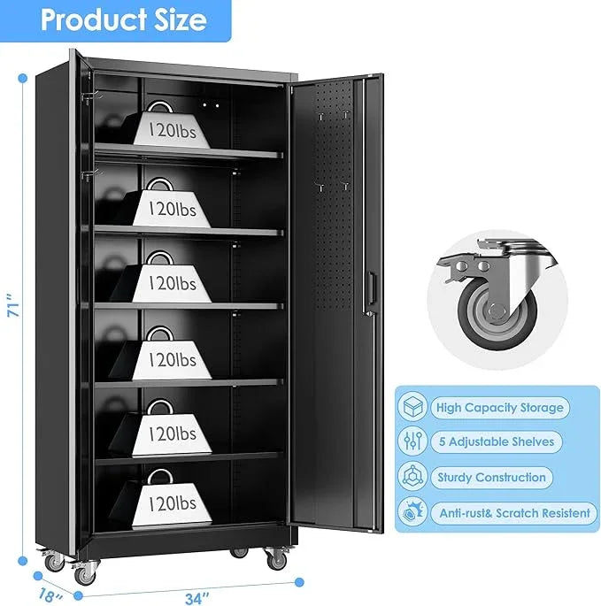 SUXXAN Metal Garage Storage Cabinet with Wheels and Pegboard, 71'' x 34'' x 18'' Lockable Rolling Steel Cabinet with 5 Adjustable Shelves and Door for Garage, Office, Kitchen, Assembly Required - NeatNest