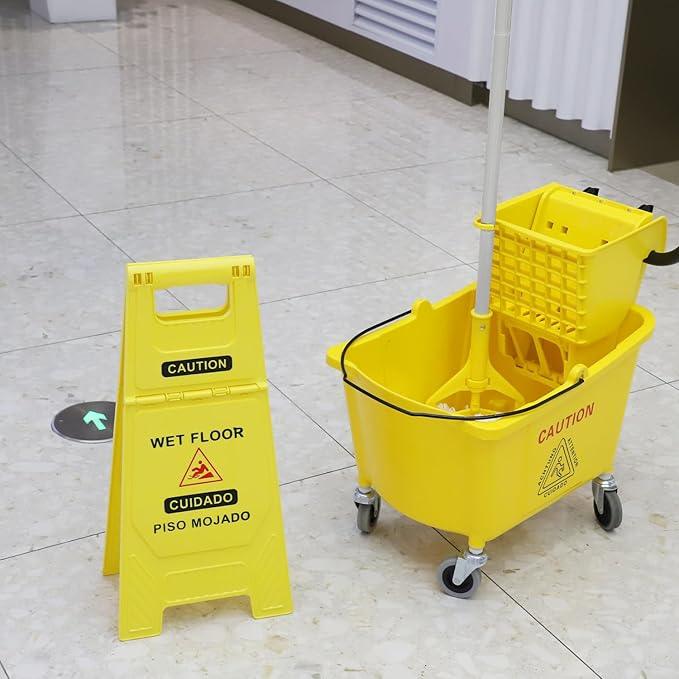 Side Press Wringer Combo Commercial Mop Bucket on Wheels, 35 Quart,Yellow, Including Wet Floor Caution Sign（24Inch） and One Industrail Mop - NeatNest