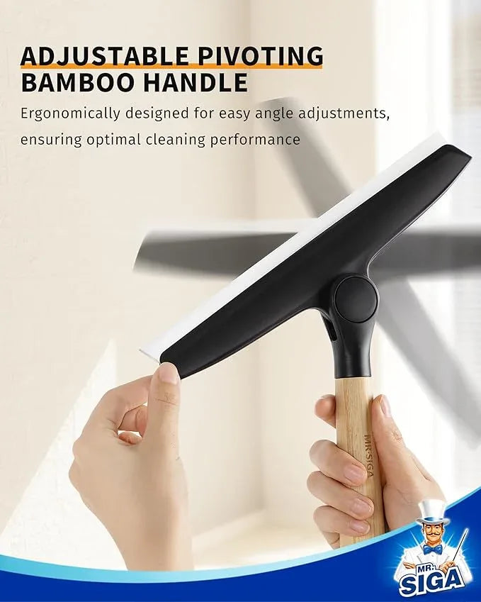 MR.SIGA All Purpose Silicone Squeegee for Shower Door, Mirror, Glass, Streak Free Shower Squeegee, Pivoting Bamboo Handle, Includes 1 Suction Hook, 10 inch Wide, Black, 1 Pack - NeatNest