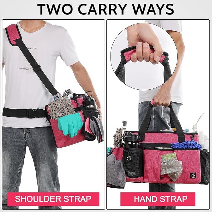 Large Cleaning Caddy Bags Pink with Sturdy Support Board, Cleaning Organizer with Detachable Dividers, Cleaning Supply Tote with Adjustable Shoulder Strap & Waist Belt for Cleaners Housekeepers - NeatNest