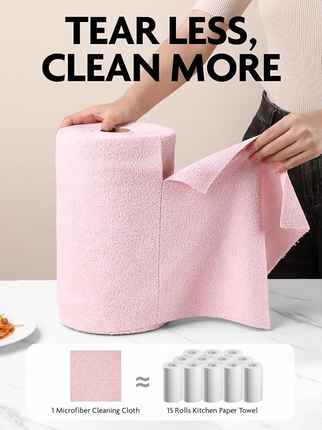 Fantasticlean Microfiber Cleaning Cloth Rolls -150 Pack, Tear Away Microfiber Towels, 12" x 12", Reusable, Washable, Ultra Absorbent Dishcloth for Home Supplies, Car, Pet, Kitchen (Pink & Lavender) - NeatNest