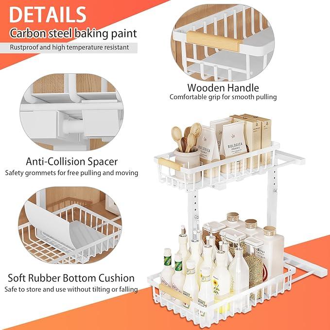 2 Pack 2 Tiers Pull Out Under Sink Organizers, Metal Kitchen Storage Shelf, Pull Out Under Sink Storage Rack, Multi-purpose Under Sink Shelf Organizer for Under Sink Cabinet Bathroom Kitchen (White) - NeatNest