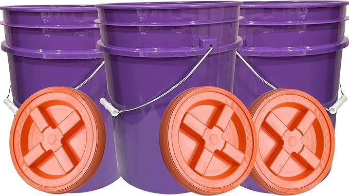 House Naturals 5 Gallon Purple Food Grade Plastic Bucket with Screw on Gamma lid, BPA Free, Made in USA (Pack of 3) (Purple Bucket with Orange Gamma) - NeatNest
