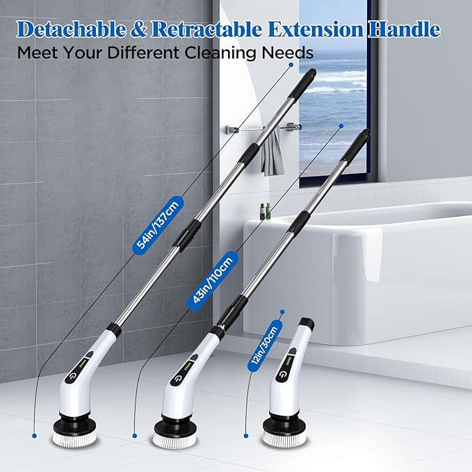 Electric Spin Scrubber, Cordless Bath Tub Power Scrubber with 8 Replaceable Drill Brush Heads, Shower Cleaning Brush with Adjustable Handle for Bathroom, Tile Floor & Car, White, (ANS-8050) - NeatNest