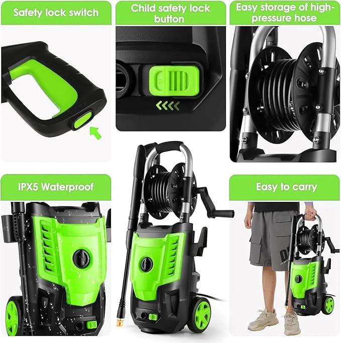 Pressure Cleaner- High Power Cleaner with 33FT Hose Reel, 4 Spray Tips and Soap Bottle for Car Washing, Fence Cleaning, Patio Maintenance（Upgraded） (Green) - NeatNest