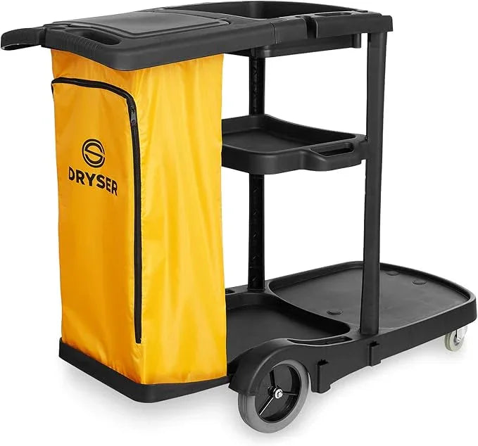 Dryser Commercial Janitorial Cleaning Cart on Wheels - Black Housekeeping Caddy with Cover, Shelves and Vinyl Bag - NeatNest