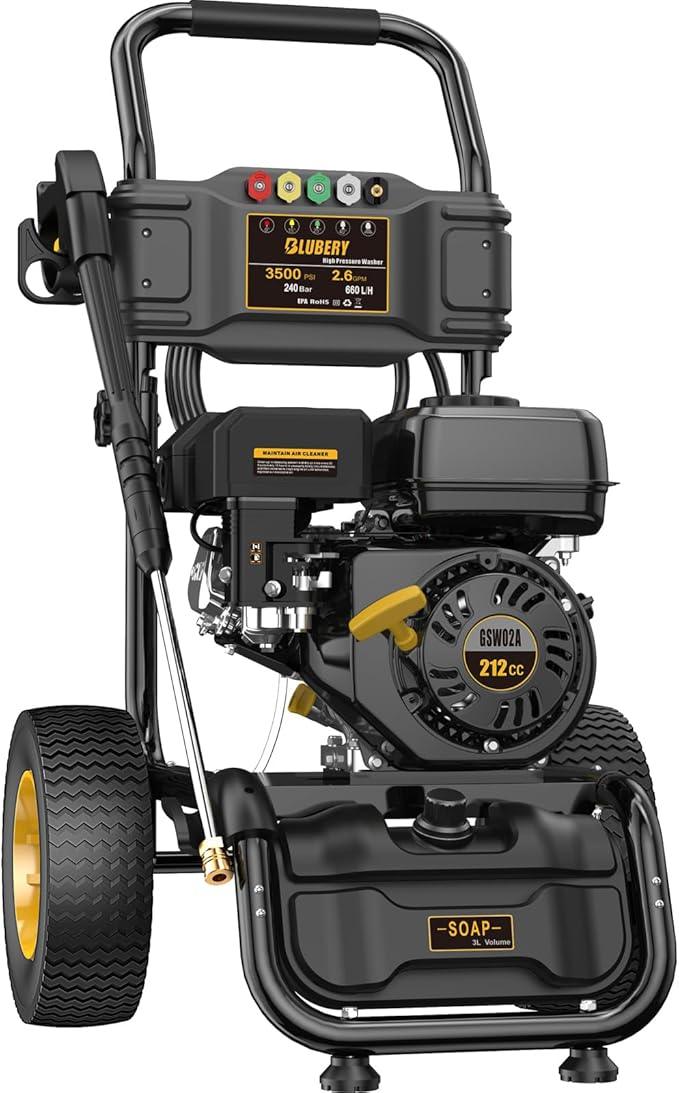 BLUBERY 3500PSI Gas Pressure Washer, 2.6GPM 212CC Heavy Power Washer, 30Ft High Pressure Hose&Soap Tank, 5 Adjustable Nozzles, Cleaning for Driveway/Concrete/Vinyl Fencing,Max - NeatNest