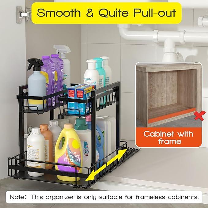NADAMOO Expandable Under Sink Organizer 2-Tier Black Metal Storage Shelf, Adjustable Under Cabinet Organizer for Kitchen & Bathroom, Space-Saving Rack for Cleaning Supplies & Laundry Essentials - NeatNest
