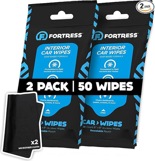 Fortress Car Interior Wipes with Microfiber Cloth (25 ct, Pack of 2) for Car Interior Cleaning, Dashboard, Seats, Detailing, and Steering Wheel [Travel Size] Skin-Safe Car Interior Cleaner Supplies - NeatNest