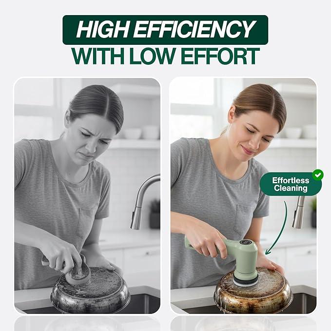 Electric Spin Scrubber – Handheld & Ergonomic, IPX7 Waterproof, 4 Multi-Purpose Brush Heads, Long-Lasting Rechargeable Battery – Cleans Dishes, Bathroom, Tile, Grout & Kitchen (Sage) - NeatNest