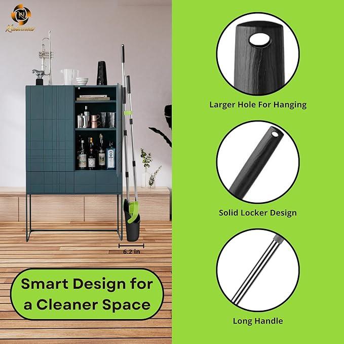 Standing Broom and Dustpan Set, Built-in Scraper Teeth, No-Slip Grip, Dust Collection Tray for Home, Office, Lobby, and Outdoor, Adjustable Handle from 38.18" to 52" (Black & Green) - NeatNest