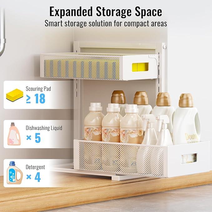 Full Metal Under Sink Organizer, Pull Out Cabinet Organizers and Storage, Silk-Smooth Sliding Drawer for Kitchen, Bathroom, Pantry, Cabinet, Closet (White, 2 Pack) - NeatNest