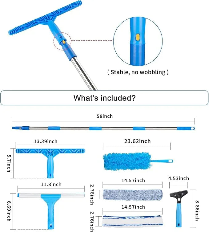 Window Squeegee Cleaner with 4 Stainless Steel Extension Poles,Long Reach to 58inch, Scrubber, Glass Scraper, Bendable Duster, 2 Scrubber Cloth for Window, Car, Professional Cleaning Kit - NeatNest