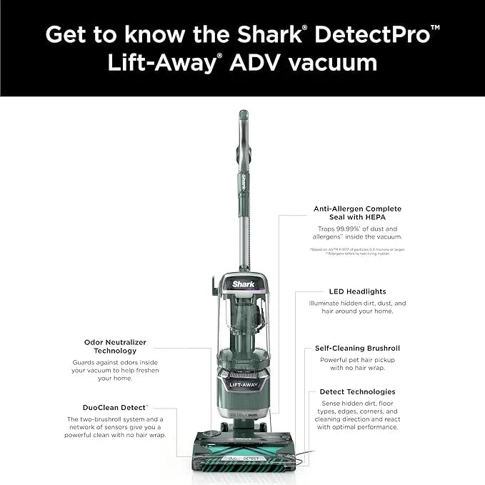 Shark Detect Pro Lift-Away ADV Bagless Upright Vacuum with DuoClean Detect, HEPA Filter, Anti-Allergen, Powerful Suction, and Odor Neutralizer Technology, Evergreen, LA802 - NeatNest
