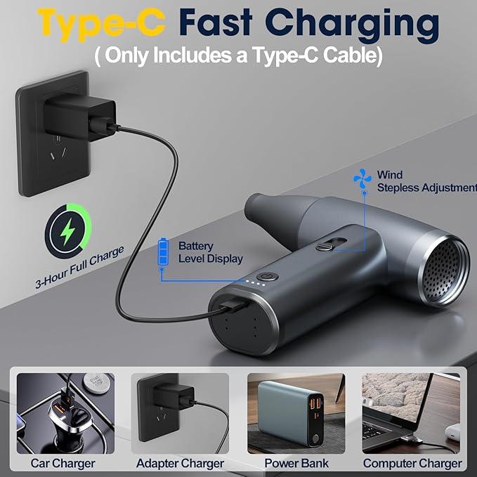 Metal Electric Compressed Air Duster, 300000RPM Brushless Motor with Stepless Speed, Rechargeable Cordless Mini Blower for Computer Keyboard Cleaning, Car Detailing, House and Outdoor Use(Grey) - NeatNest